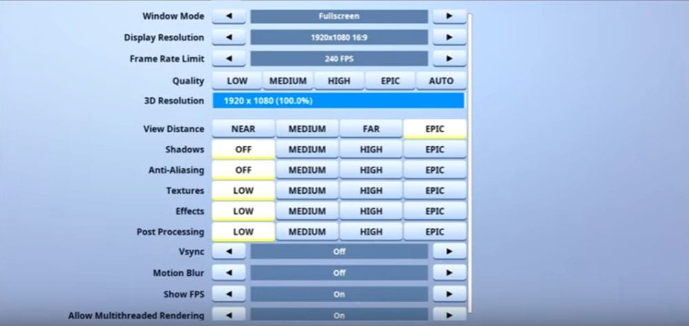 Assault Fortnite Video settings