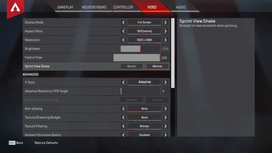 Dizzy Apex Legends Video settings