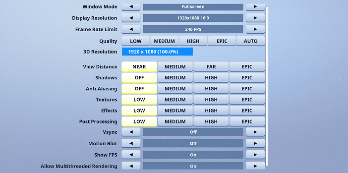 Fiber Fortnite Video settings