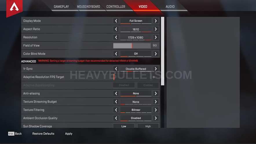 Oraxe Apex Legends Video settings